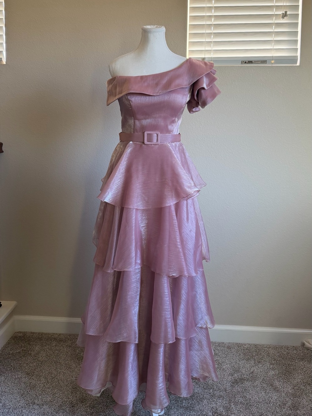 Off-Shoulder Soft Pink Tiered Evening Prom Dress with Belt